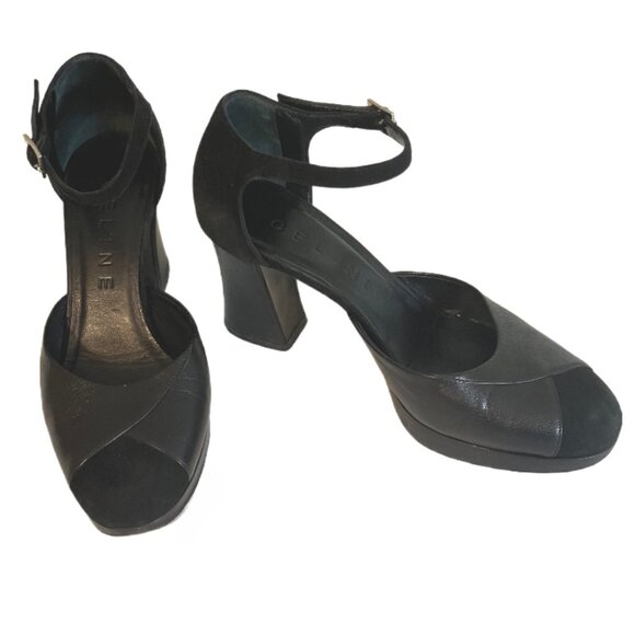 Celine Blk Leather/Suede Mary Jane’s Round Toe Chunky Heels Gold Buckle Size 37 - Picture 6 of 13